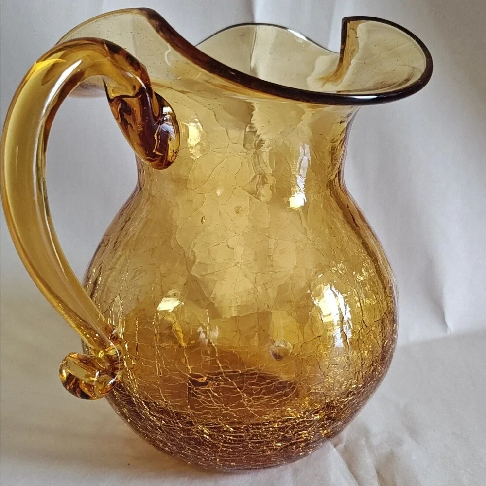 Rainbow Amber Crackle Glass Pitcher and Vase Set Ruffled‎ Rim Vintage Decor 6.5